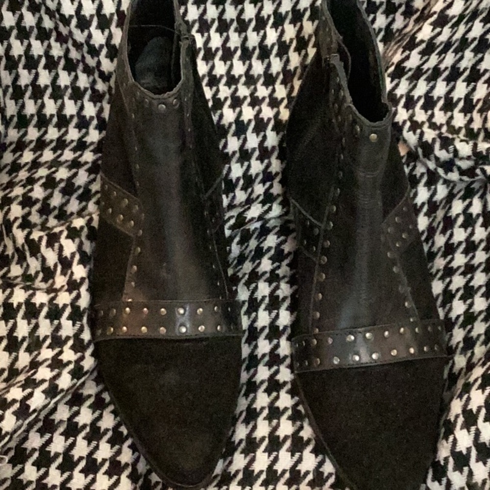 Booties. Black Suede with smooth leather accented with small silver metal inlays